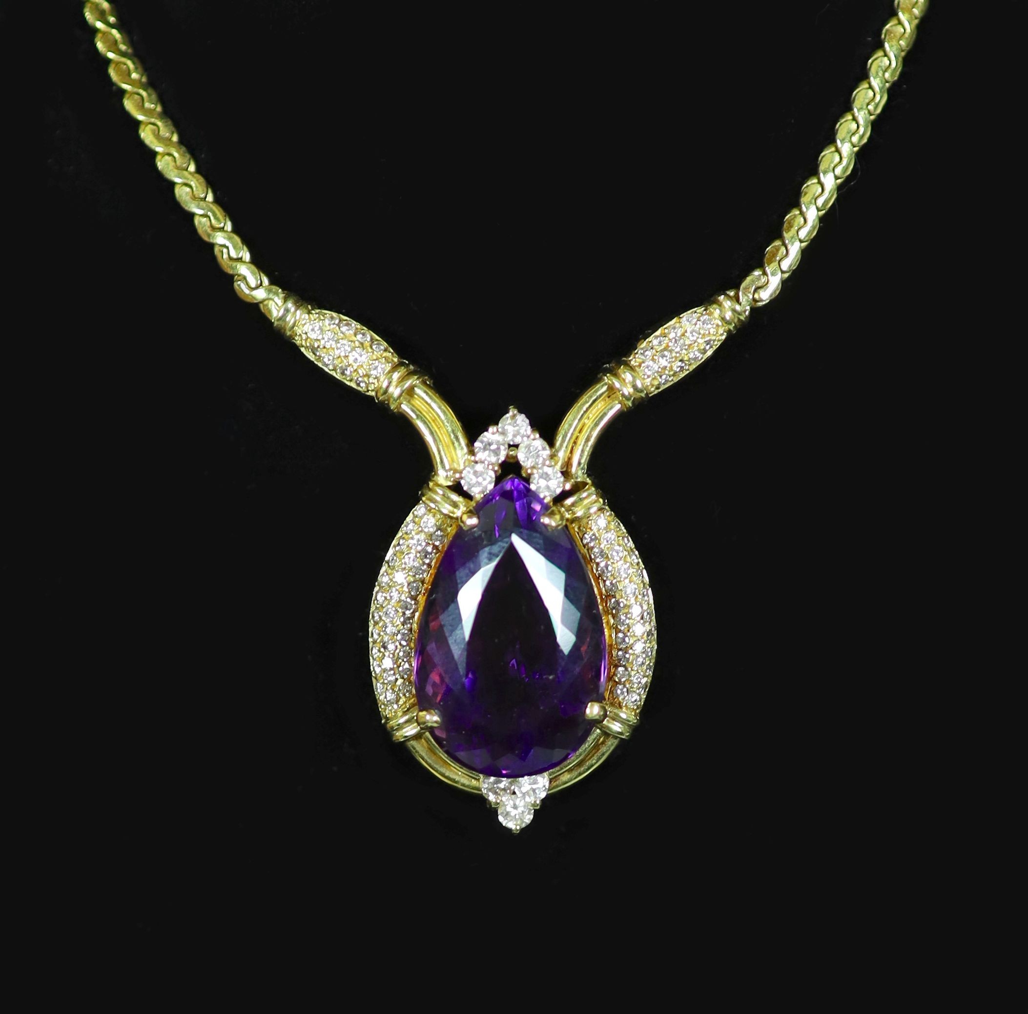 A French Boucheron gold, pear shaped amethyst and diamond cluster set pendant necklace